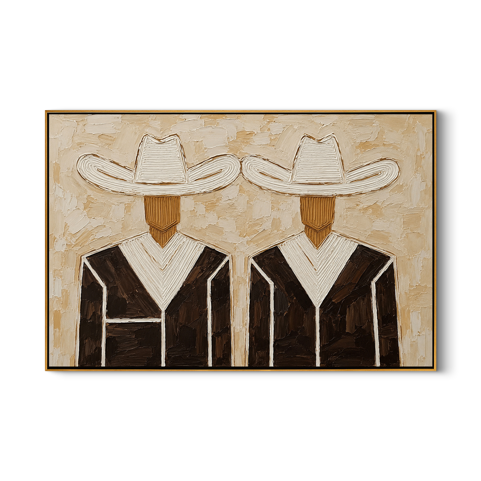 White Hats Dress Black — Twin White-Hat Cowboys Painting | Modern Figurative Horizontal Wall Art – brown and black and gray modern figurative vintage americana art, horizontal hand-painted canvas art – view 1