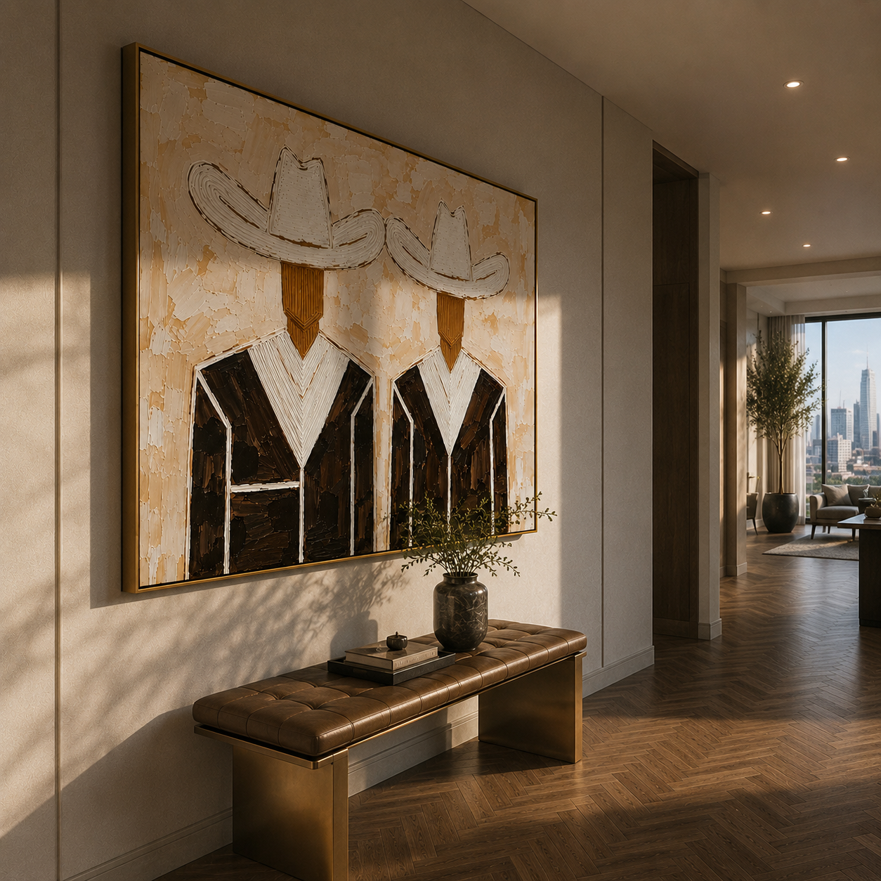 White Hats Dress Black — Twin White-Hat Cowboys Painting | Modern Figurative Horizontal Wall Art – brown and black and gray modern figurative vintage americana art, horizontal hand-painted canvas art – view 5
