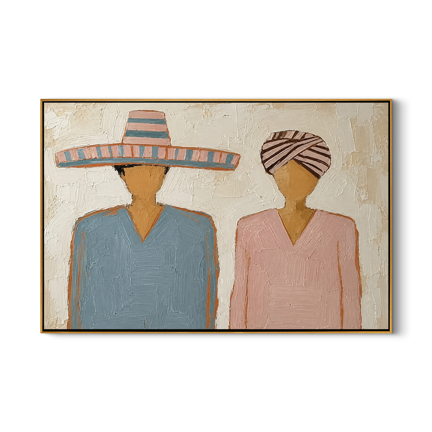 Sombrero Beside Wrapped Silence — Sombrero and Headwrap Pair Painting | Modern Figurative Horizontal Wall Art – brown and gray modern figurative vintage americana art, horizontal hand-painted canvas art – view 1