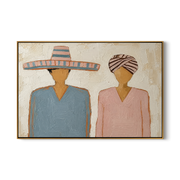 Sombrero Beside Wrapped Silence — Sombrero and Headwrap Pair Painting | Modern Figurative Horizontal Wall Art – brown and gray modern figurative vintage americana art, horizontal hand-painted canvas art – view 1