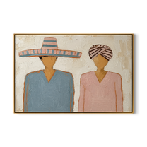Sombrero Beside Wrapped Silence — Sombrero and Headwrap Pair Painting | Modern Figurative Horizontal Wall Art – brown and gray modern figurative vintage americana art, horizontal hand-painted canvas art – view 1