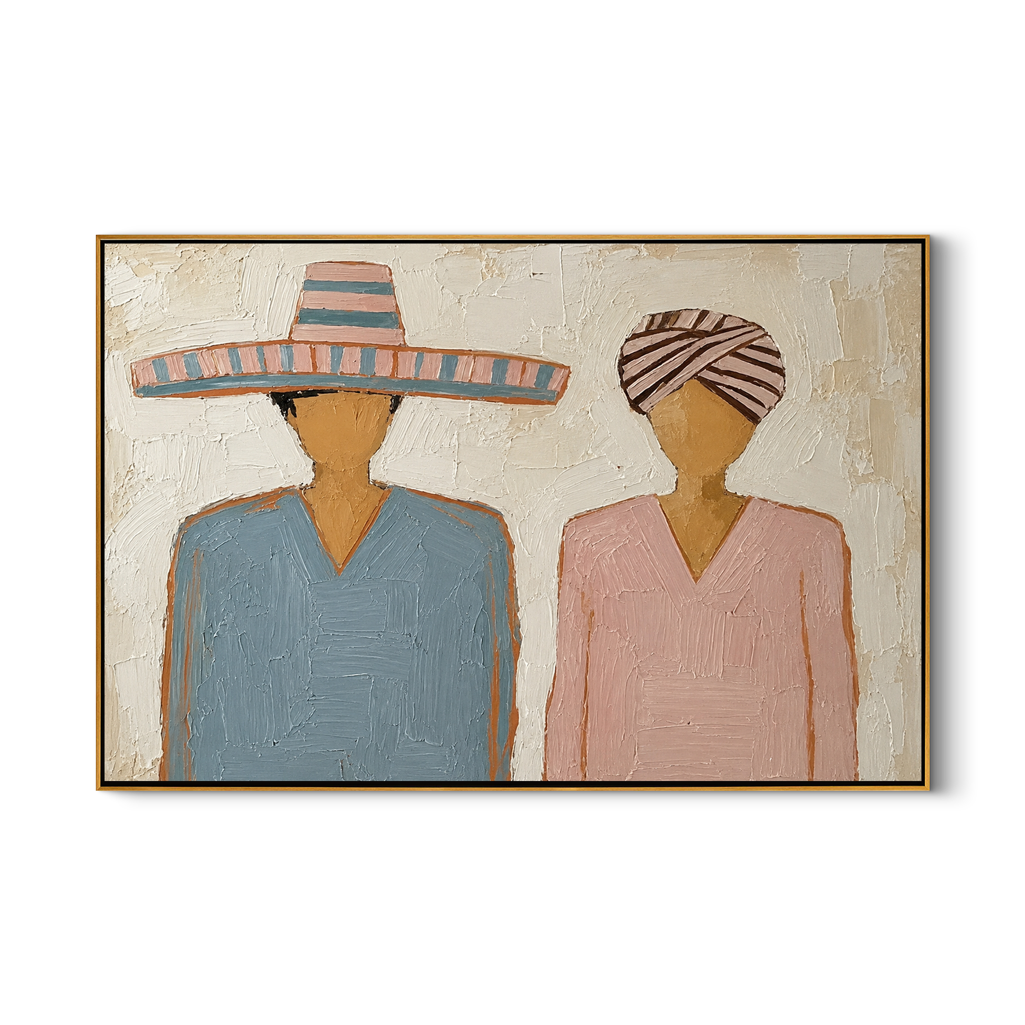 Sombrero Beside Wrapped Silence — Sombrero and Headwrap Pair Painting | Modern Figurative Horizontal Wall Art – brown and gray modern figurative vintage americana art, horizontal hand-painted canvas art – view 1