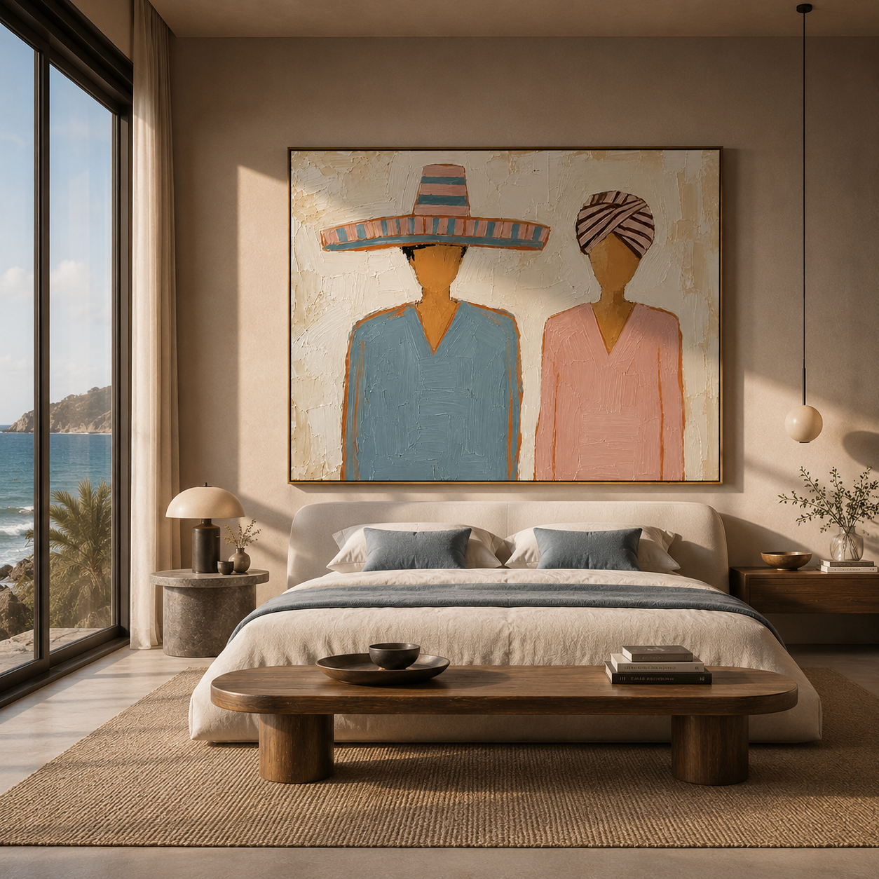 Sombrero Beside Wrapped Silence — Sombrero and Headwrap Pair Painting | Modern Figurative Horizontal Wall Art – brown and gray modern figurative vintage americana art, horizontal hand-painted canvas art – view 2