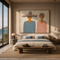 Sombrero Beside Wrapped Silence — Sombrero and Headwrap Pair Painting | Modern Figurative Horizontal Wall Art – brown and gray modern figurative vintage americana art, horizontal hand-painted canvas art – view 2