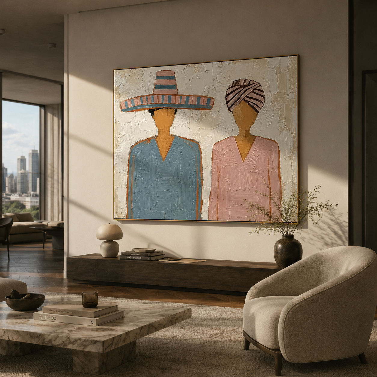 Sombrero Beside Wrapped Silence — Sombrero and Headwrap Pair Painting | Modern Figurative Horizontal Wall Art – brown and gray modern figurative vintage americana art, horizontal hand-painted canvas art – view 3