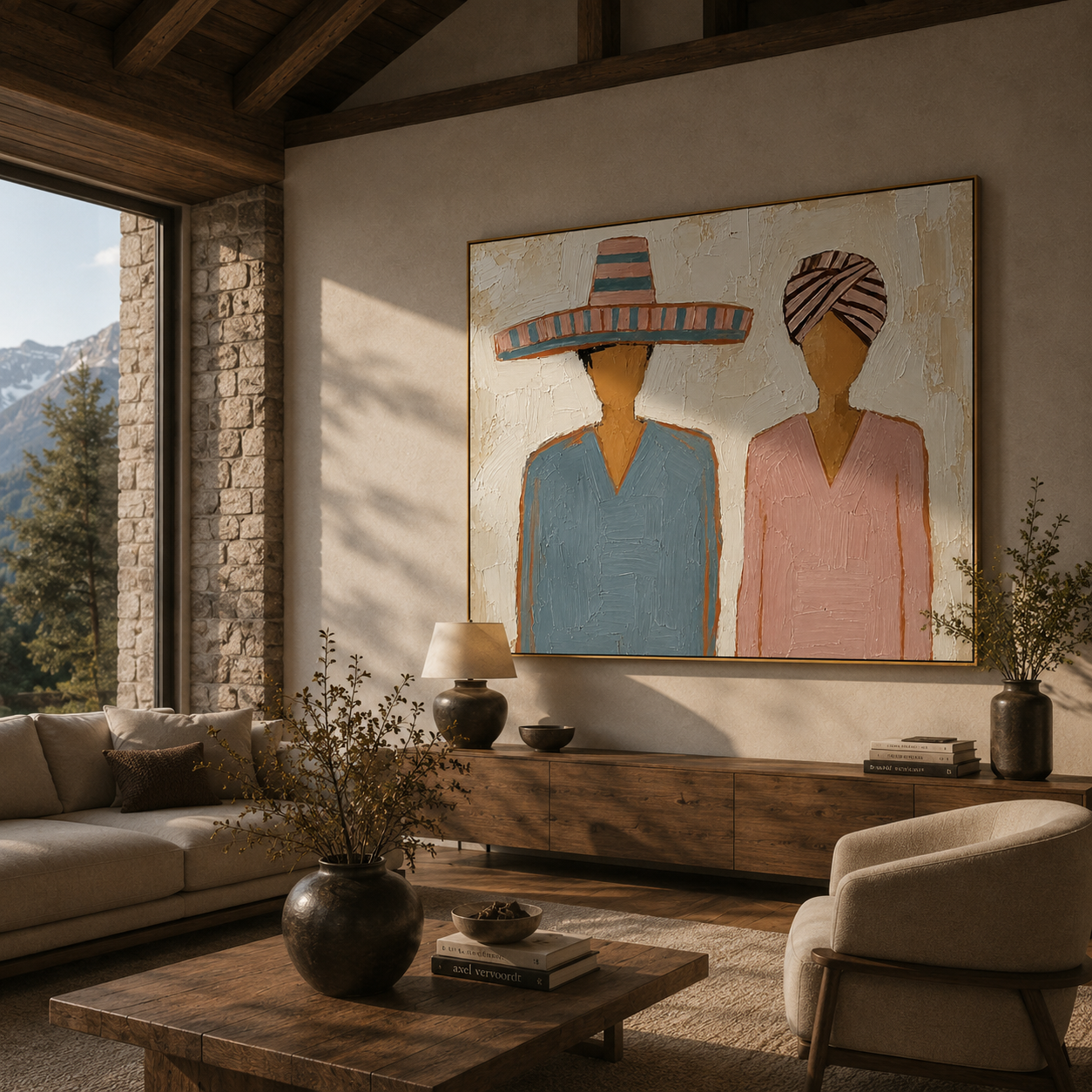 Sombrero Beside Wrapped Silence — Sombrero and Headwrap Pair Painting | Modern Figurative Horizontal Wall Art – brown and gray modern figurative vintage americana art, horizontal hand-painted canvas art – view 4