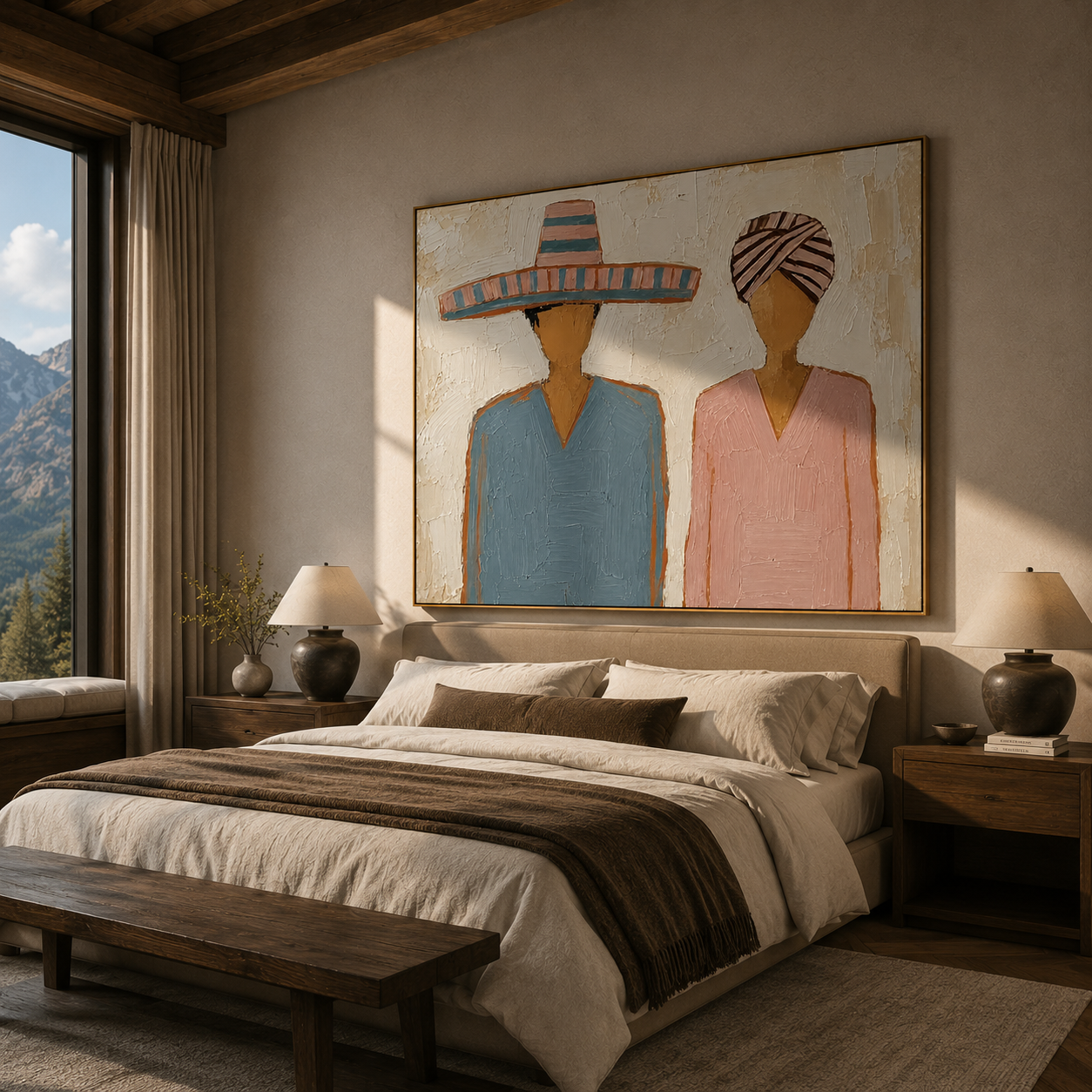 Sombrero Beside Wrapped Silence — Sombrero and Headwrap Pair Painting | Modern Figurative Horizontal Wall Art – brown and gray modern figurative vintage americana art, horizontal hand-painted canvas art – view 5