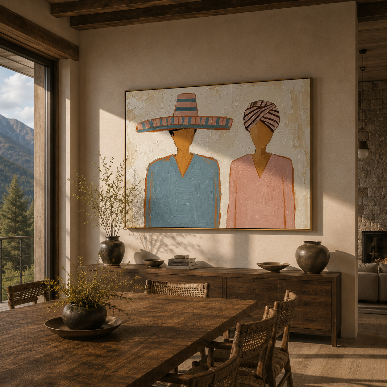 Sombrero Beside Wrapped Silence — Sombrero and Headwrap Pair Painting | Modern Figurative Horizontal Wall Art – brown and gray modern figurative vintage americana art, horizontal hand-painted canvas art – view 6