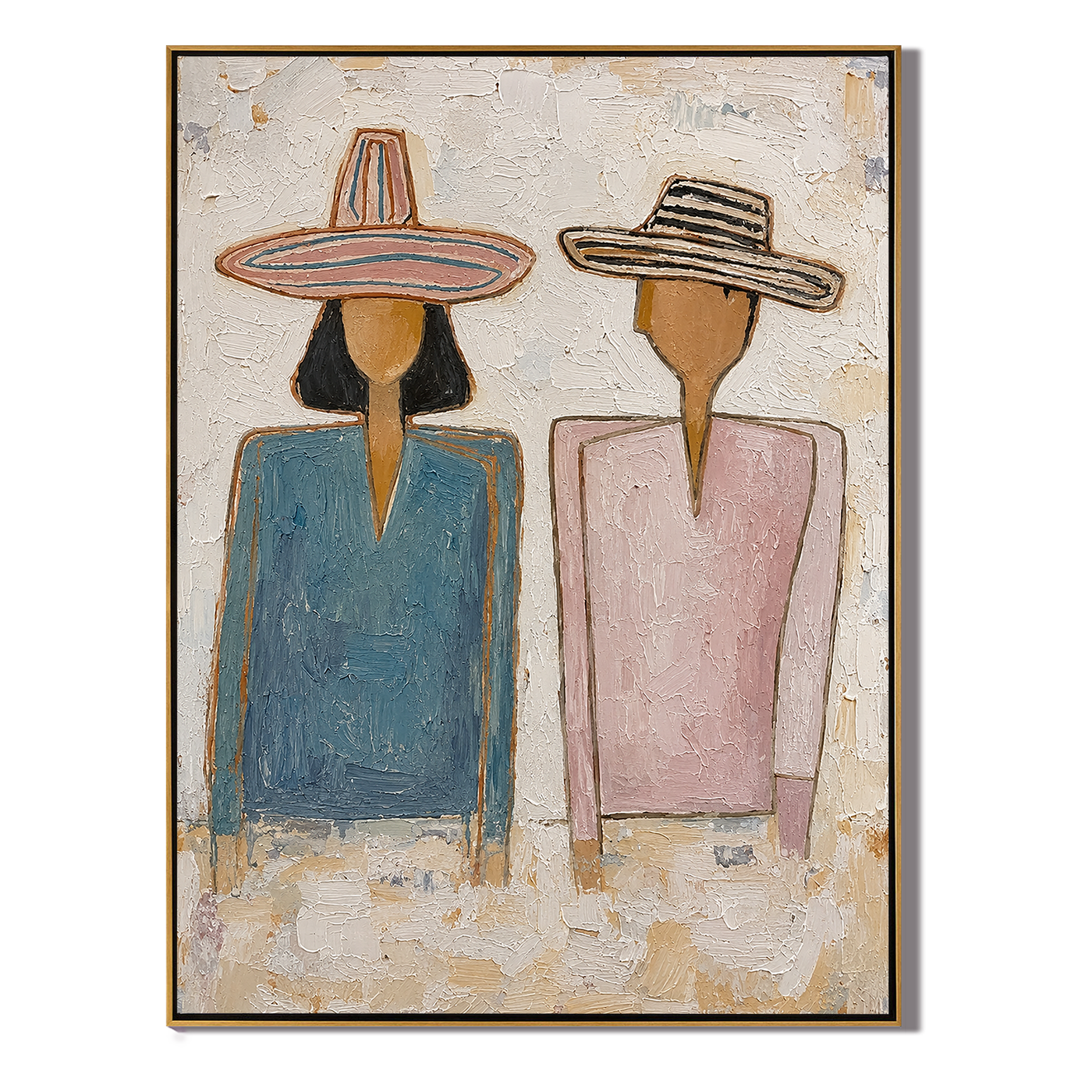 Blue and Blush Stand — Blue Blush Hat Pair Painting | Modern Figurative Vertical Wall Art – gray and brown and white modern figurative vintage americana art, vertical hand-painted canvas art – view 1