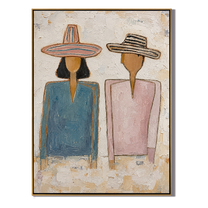 Blue and Blush Stand — Blue Blush Hat Pair Painting | Modern Figurative Vertical Wall Art – gray and brown and white modern figurative vintage americana art, vertical hand-painted canvas art – view 1