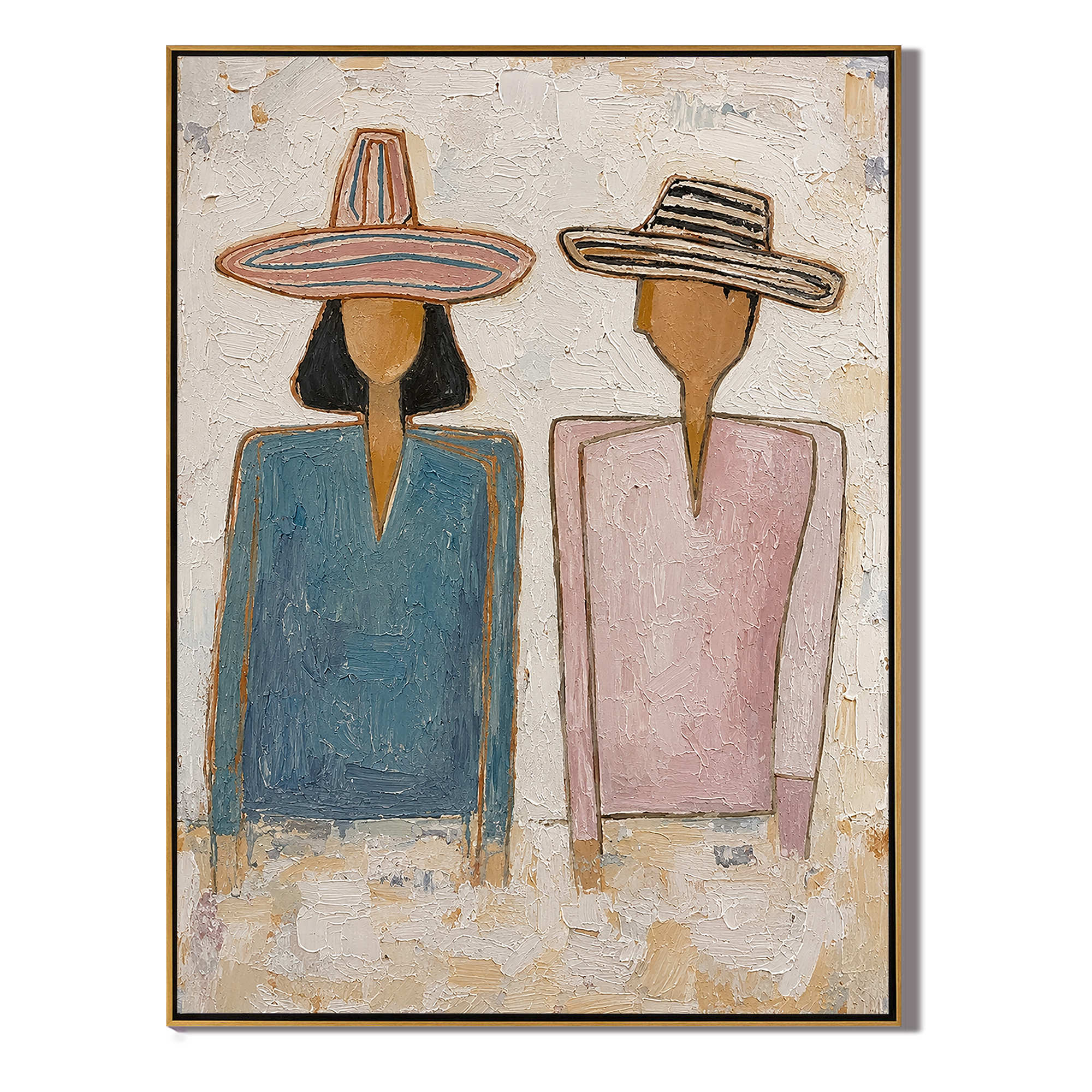 Blue and Blush Stand — Blue Blush Hat Pair Painting | Modern Figurative Vertical Wall Art – gray and brown and white modern figurative vintage americana art, vertical hand-painted canvas art – view 1