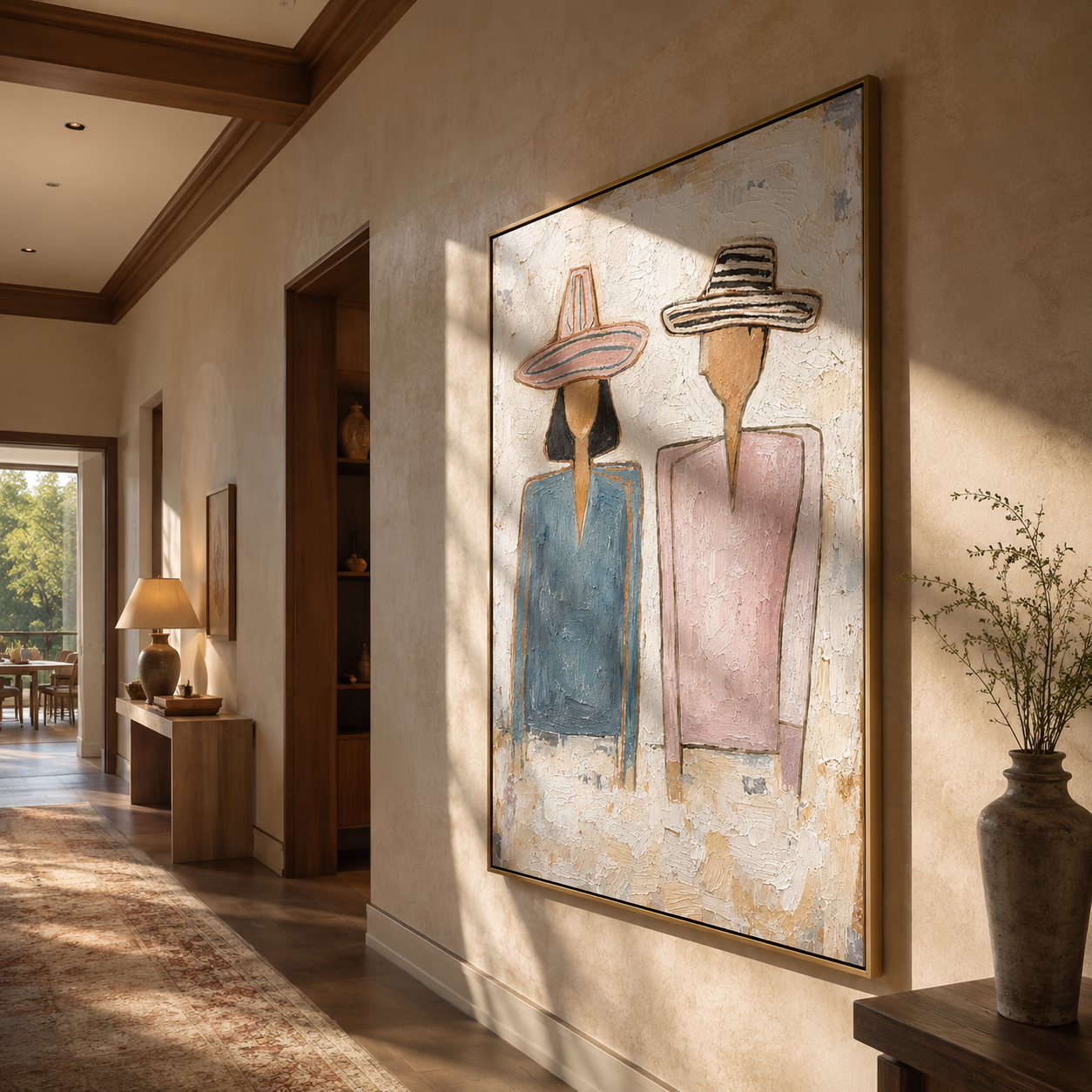 Blue and Blush Stand — Blue Blush Hat Pair Painting | Modern Figurative Vertical Wall Art – gray and brown and white modern figurative vintage americana art, vertical hand-painted canvas art – view 2