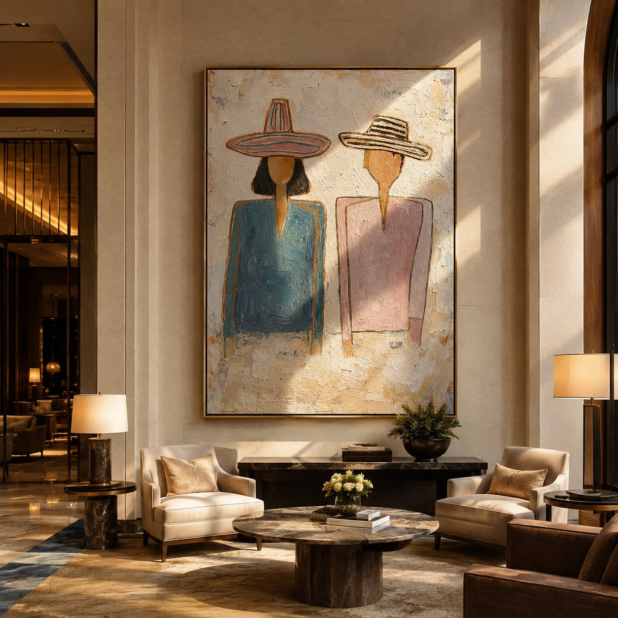 Blue and Blush Stand — Blue Blush Hat Pair Painting | Modern Figurative Vertical Wall Art – gray and brown and white modern figurative vintage americana art, vertical hand-painted canvas art – view 3