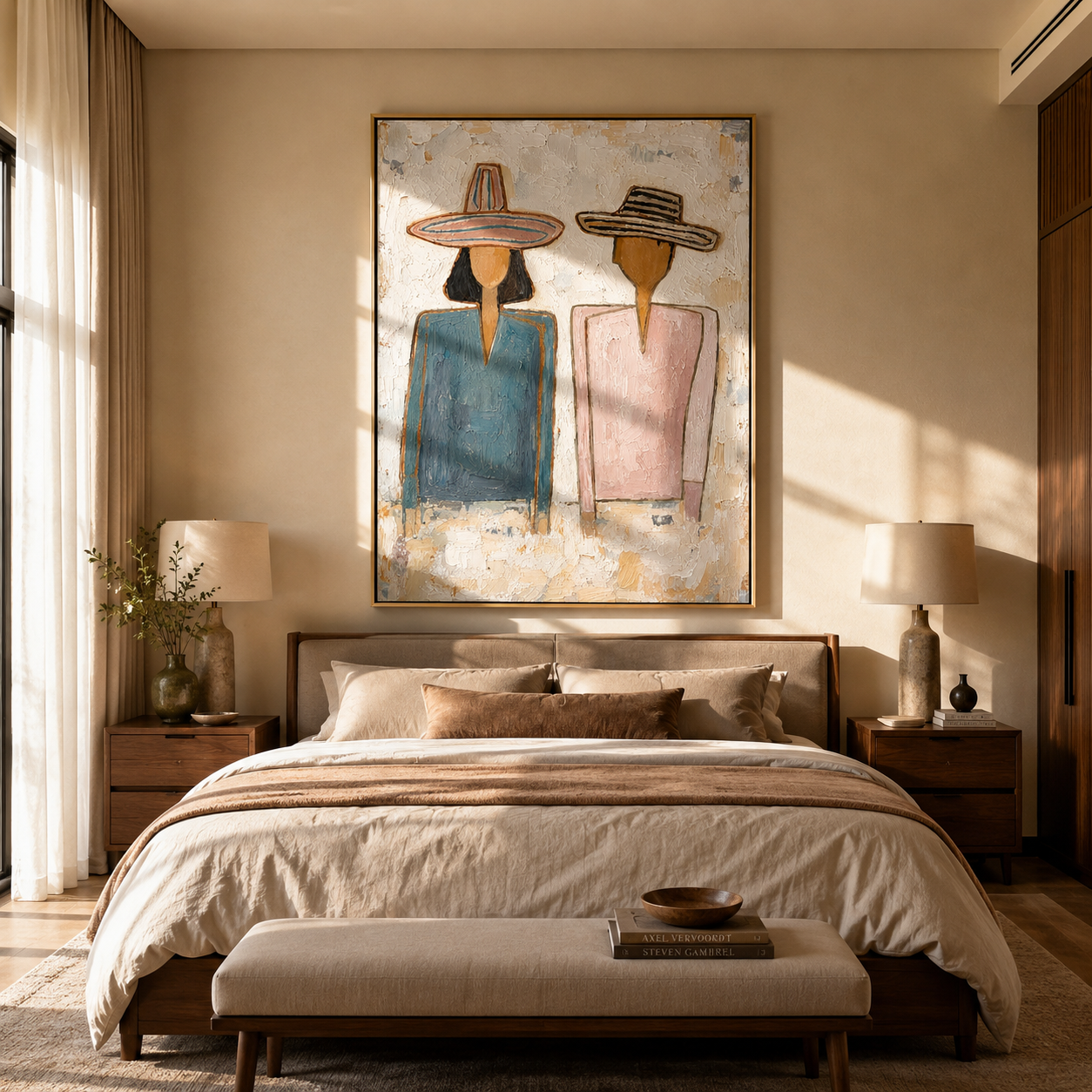Blue and Blush Stand — Blue Blush Hat Pair Painting | Modern Figurative Vertical Wall Art – gray and brown and white modern figurative vintage americana art, vertical hand-painted canvas art – view 4