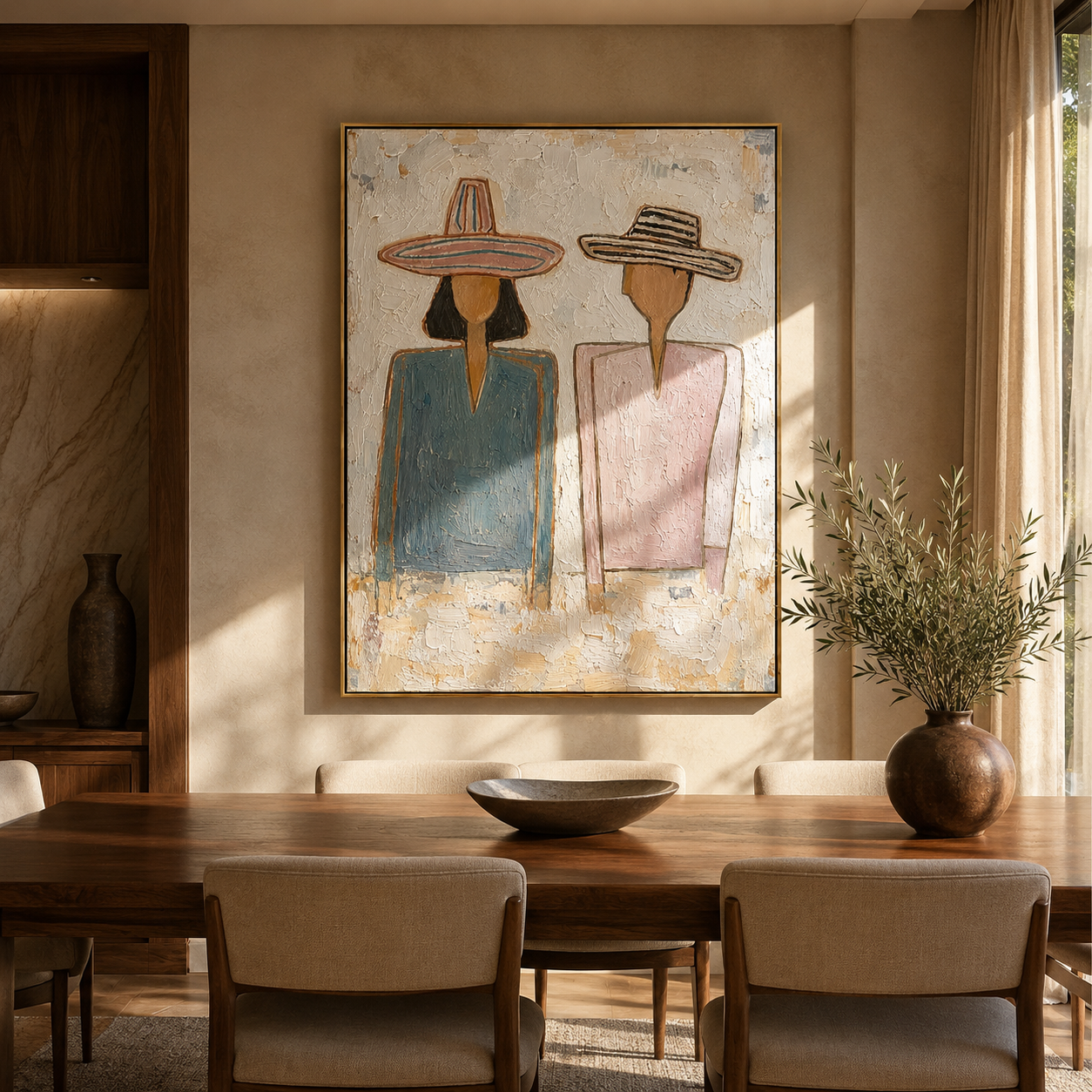 Blue and Blush Stand — Blue Blush Hat Pair Painting | Modern Figurative Vertical Wall Art – gray and brown and white modern figurative vintage americana art, vertical hand-painted canvas art – view 5