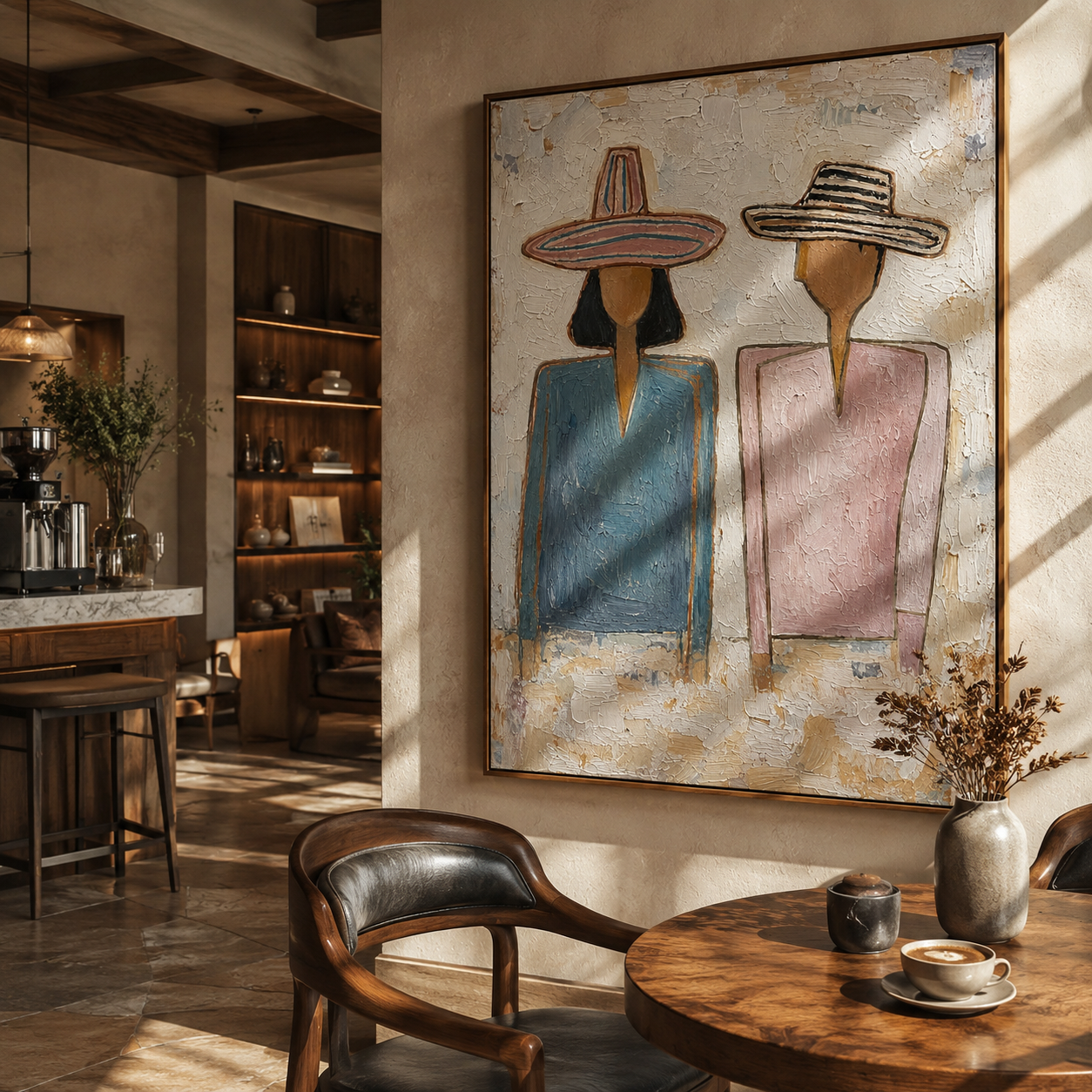 Blue and Blush Stand — Blue Blush Hat Pair Painting | Modern Figurative Vertical Wall Art – gray and brown and white modern figurative vintage americana art, vertical hand-painted canvas art – view 6