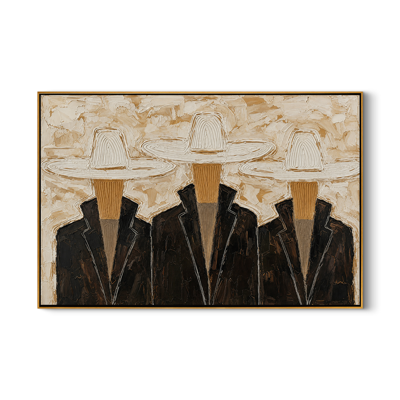 Three Hats Refuse Distance — Three White-Hat Cowboys Painting | Modern Figurative Horizontal Wall Art – black and brown and gray modern figurative vintage americana art, horizontal hand-painted canvas art – view 1