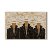 Three Hats Refuse Distance — Three White-Hat Cowboys Painting | Modern Figurative Horizontal Wall Art – black and brown and gray modern figurative vintage americana art, horizontal hand-painted canvas art – view 1