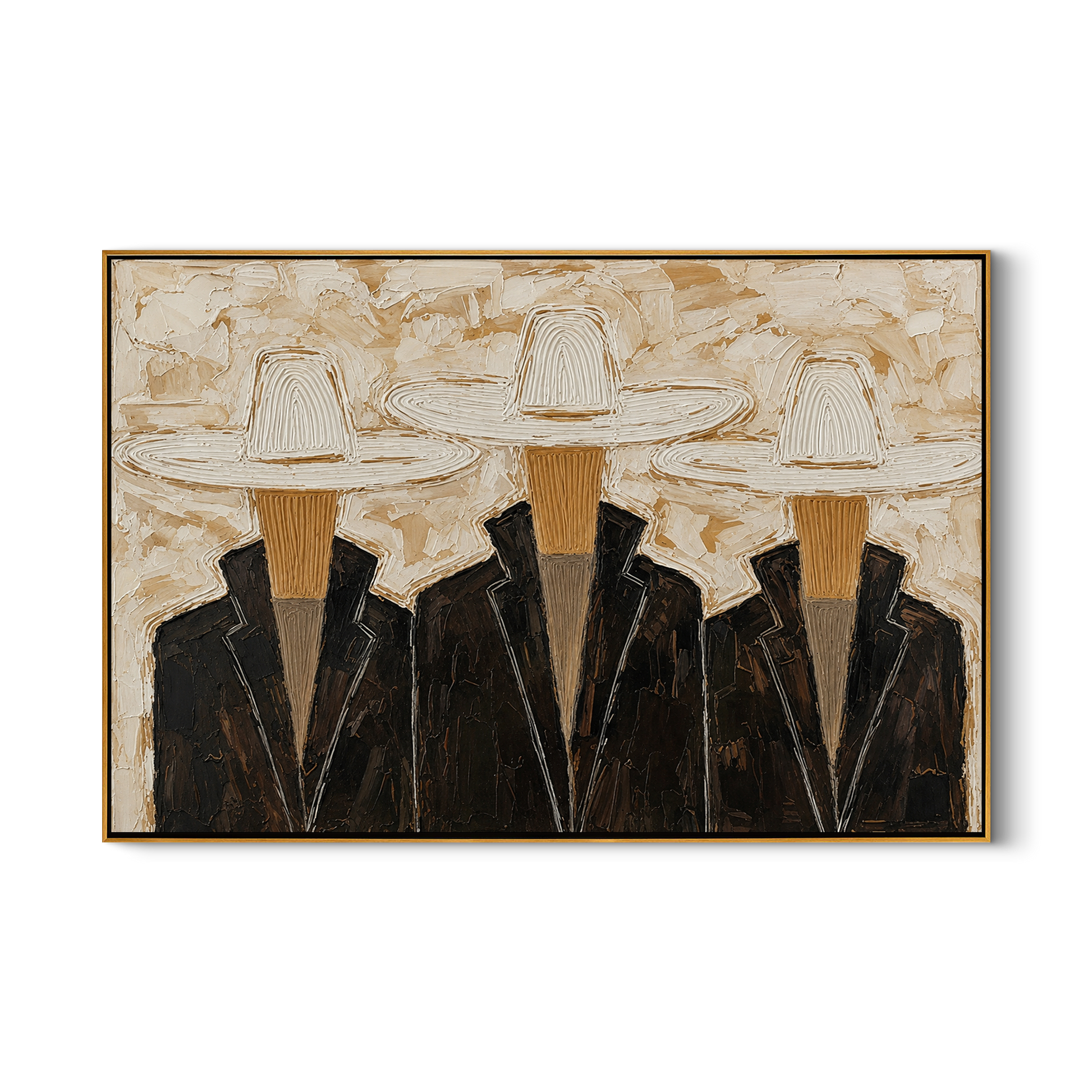 Three Hats Refuse Distance — Three White-Hat Cowboys Painting | Modern Figurative Horizontal Wall Art – black and brown and gray modern figurative vintage americana art, horizontal hand-painted canvas art – view 1