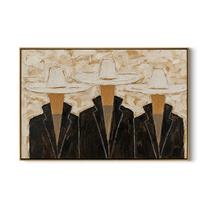 Three Hats Refuse Distance — Three White-Hat Cowboys Painting | Modern Figurative Horizontal Wall Art – black and brown and gray modern figurative vintage americana art, horizontal hand-painted canvas art – view 1
