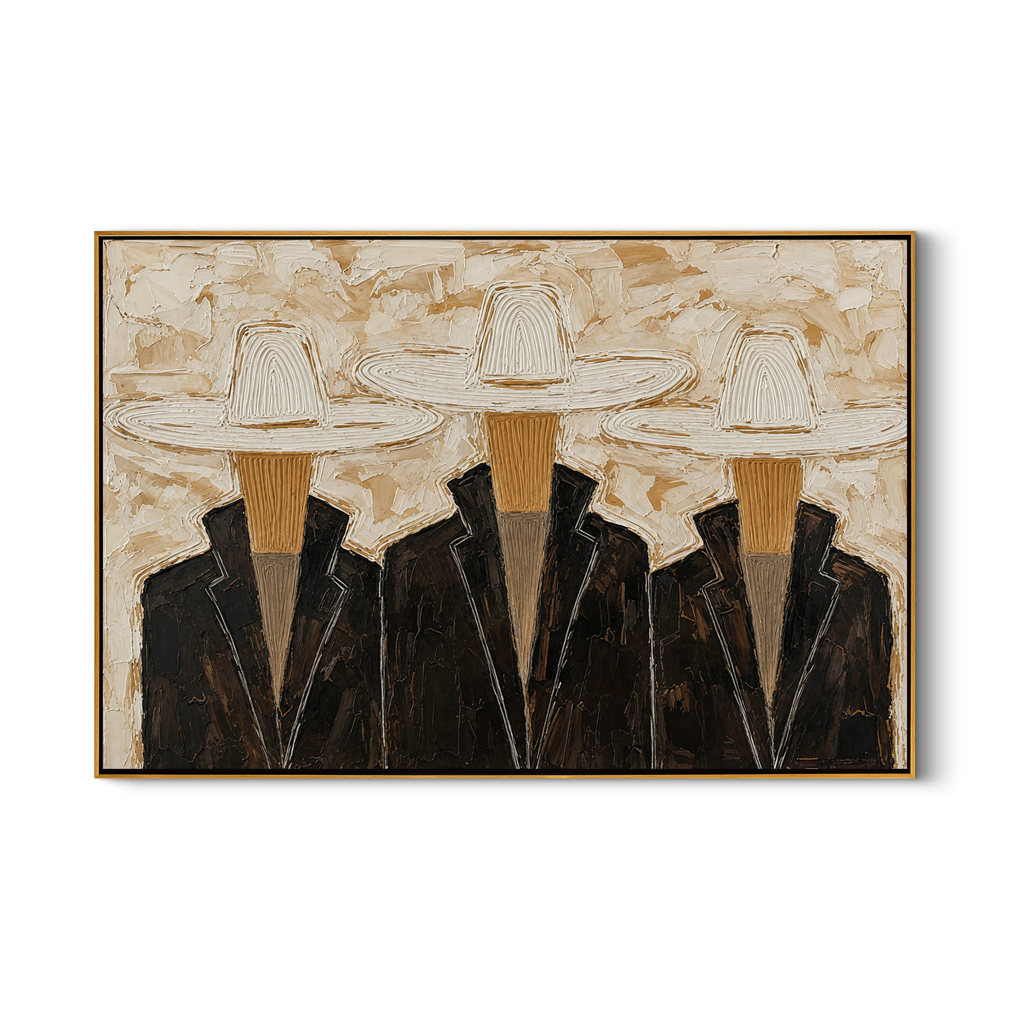 Three Hats Refuse Distance — Three White-Hat Cowboys Painting | Modern Figurative Horizontal Wall Art – black and brown and gray modern figurative vintage americana art, horizontal hand-painted canvas art – view 1