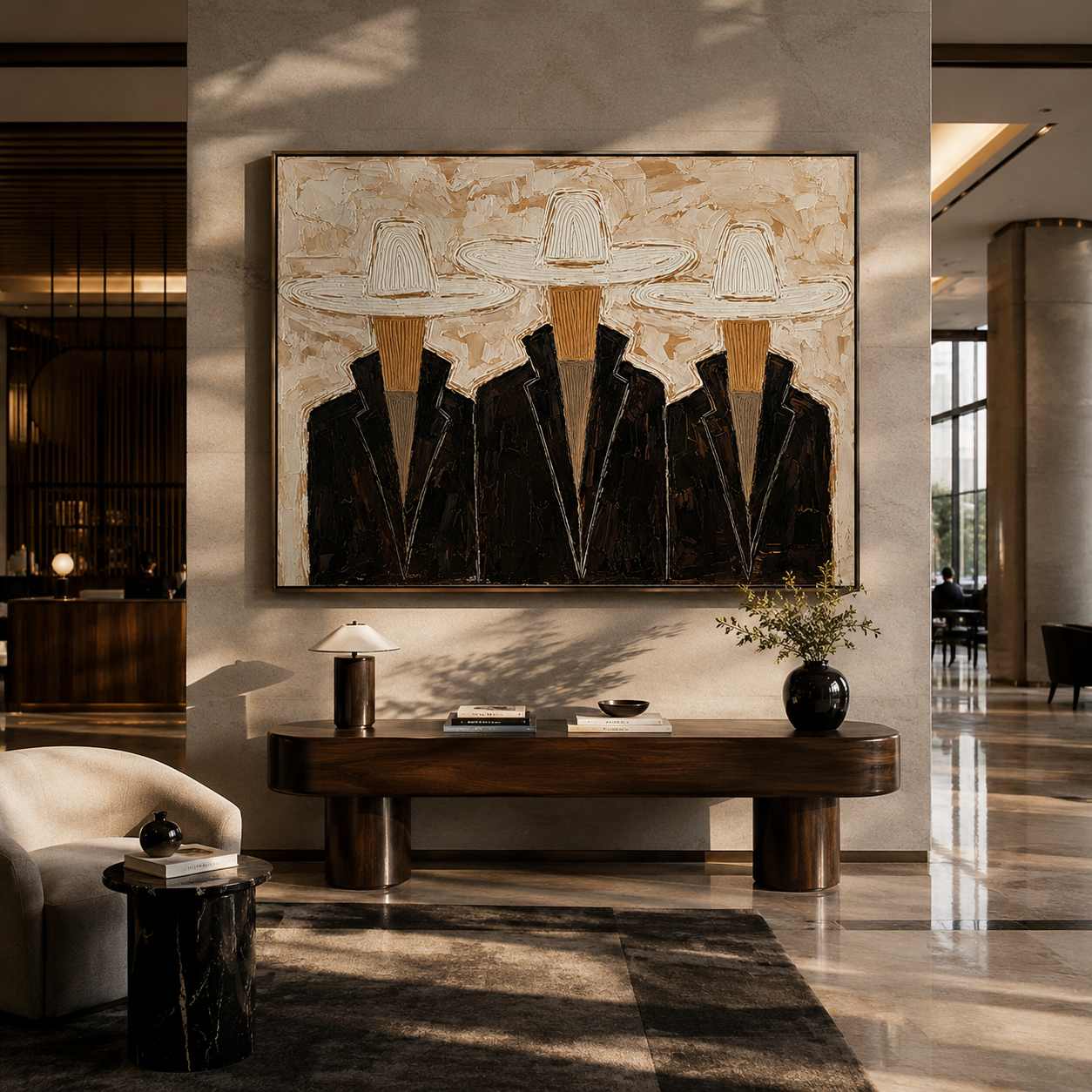 Three Hats Refuse Distance — Three White-Hat Cowboys Painting | Modern Figurative Horizontal Wall Art – black and brown and gray modern figurative vintage americana art, horizontal hand-painted canvas art – view 2