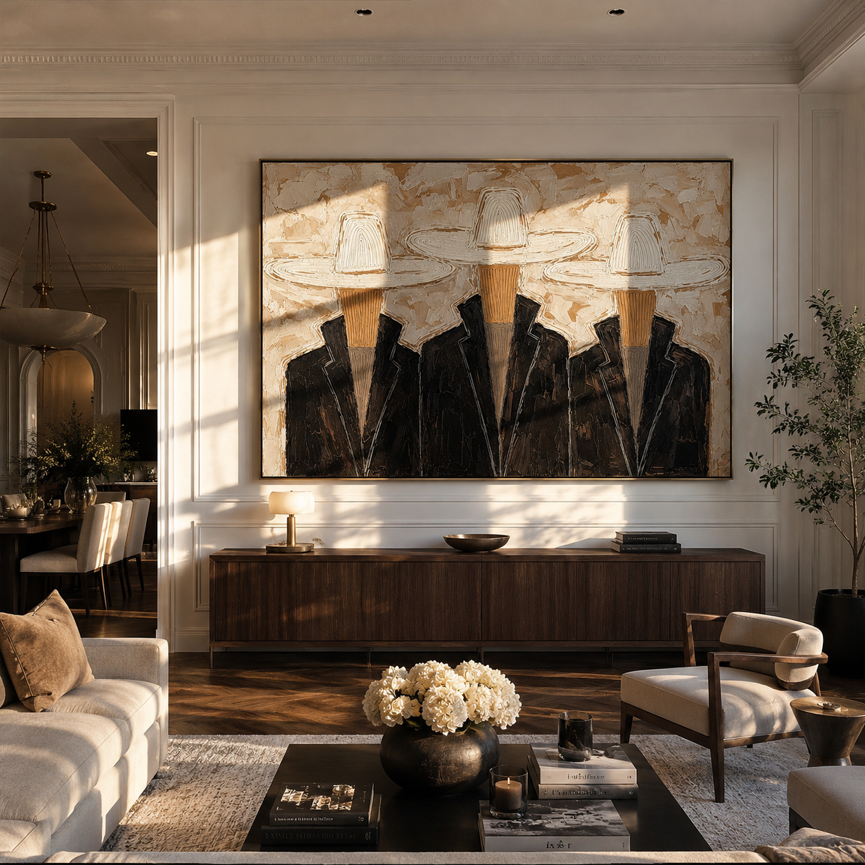 Three Hats Refuse Distance — Three White-Hat Cowboys Painting | Modern Figurative Horizontal Wall Art – black and brown and gray modern figurative vintage americana art, horizontal hand-painted canvas art – view 3