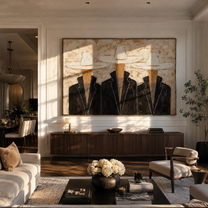 Three Hats Refuse Distance — Three White-Hat Cowboys Painting | Modern Figurative Horizontal Wall Art – black and brown and gray modern figurative vintage americana art, horizontal hand-painted canvas art – view 3