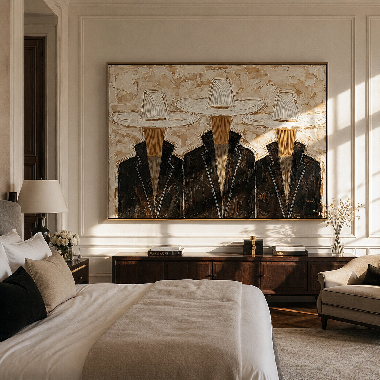 Three Hats Refuse Distance — Three White-Hat Cowboys Painting | Modern Figurative Horizontal Wall Art – black and brown and gray modern figurative vintage americana art, horizontal hand-painted canvas art – view 4