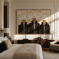 Three Hats Refuse Distance — Three White-Hat Cowboys Painting | Modern Figurative Horizontal Wall Art – black and brown and gray modern figurative vintage americana art, horizontal hand-painted canvas art – view 4