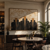 Three Hats Refuse Distance — Three White-Hat Cowboys Painting | Modern Figurative Horizontal Wall Art – black and brown and gray modern figurative vintage americana art, horizontal hand-painted canvas art – view 5