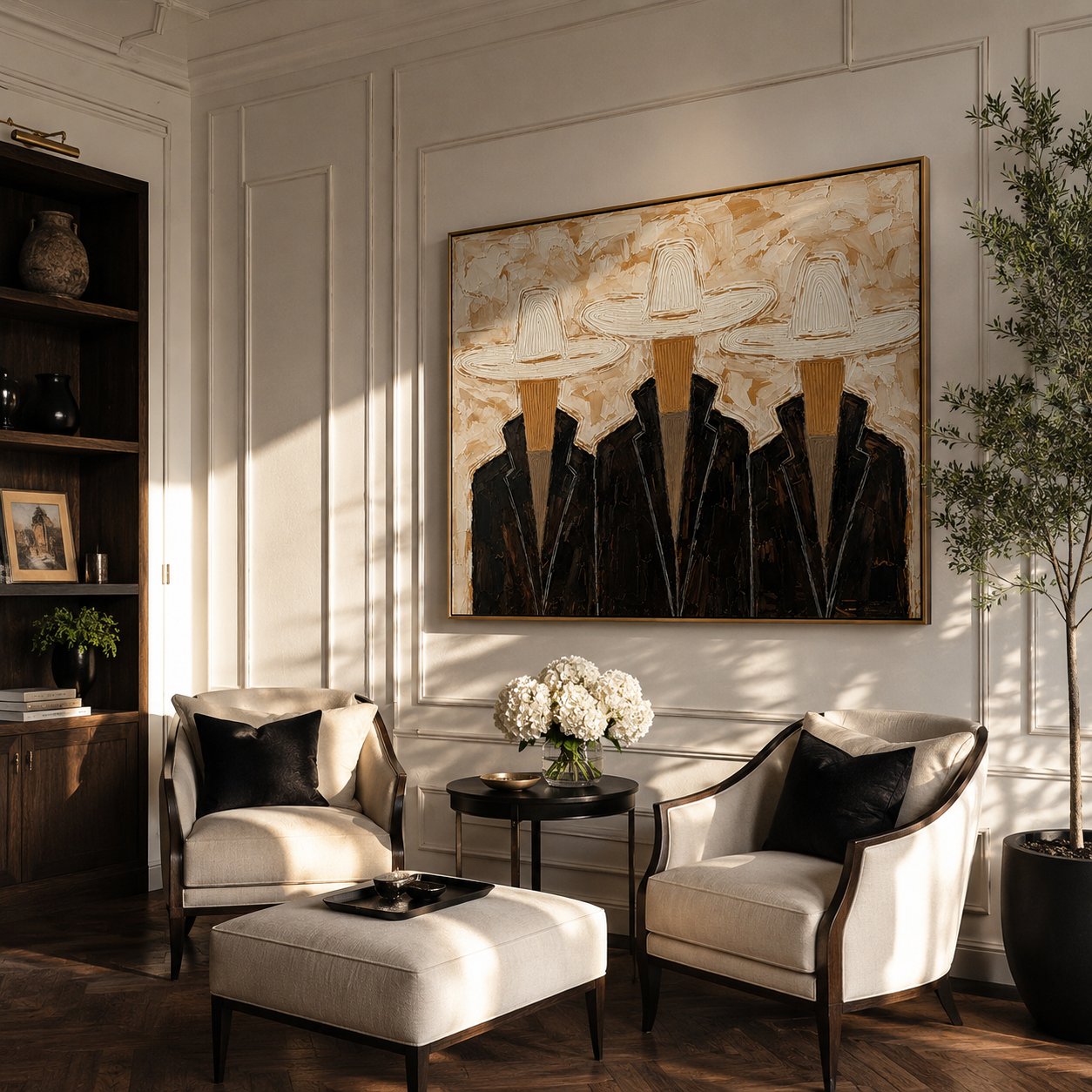 Three Hats Refuse Distance — Three White-Hat Cowboys Painting | Modern Figurative Horizontal Wall Art – black and brown and gray modern figurative vintage americana art, horizontal hand-painted canvas art – view 6