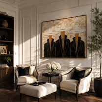 Three Hats Refuse Distance — Three White-Hat Cowboys Painting | Modern Figurative Horizontal Wall Art – black and brown and gray modern figurative vintage americana art, horizontal hand-painted canvas art – view 6