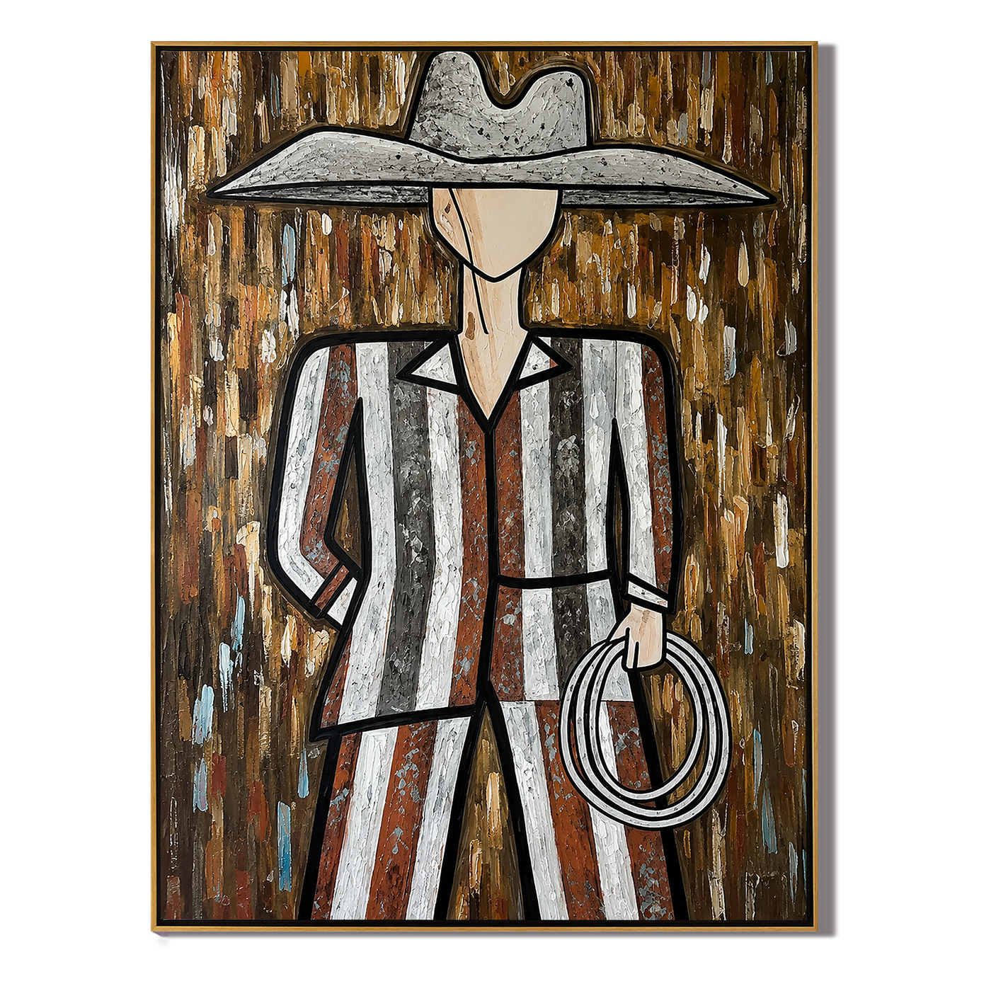 Silver Hat Holds Rope — Striped Lasso Cowboy Painting | Modern Figurative Vertical Wall Art – brown and gray modern figurative vintage americana art, vertical hand-painted canvas art – view 1