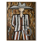 Silver Hat Holds Rope — Striped Lasso Cowboy Painting | Modern Figurative Vertical Wall Art – brown and gray modern figurative vintage americana art, vertical hand-painted canvas art – view 1