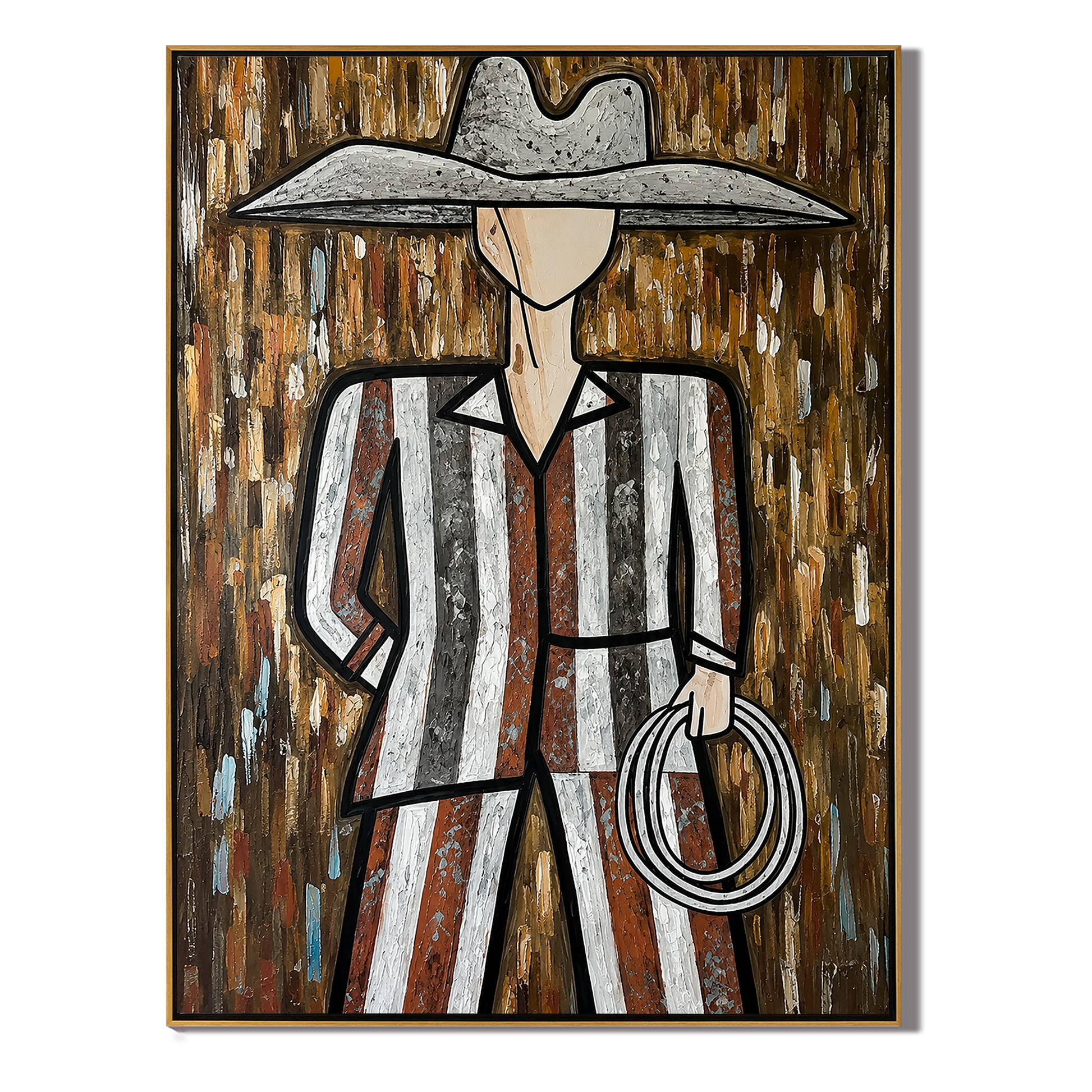 Silver Hat Holds Rope — Striped Lasso Cowboy Painting | Modern Figurative Vertical Wall Art – brown and gray modern figurative vintage americana art, vertical hand-painted canvas art – view 1