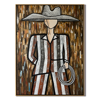 Silver Hat Holds Rope — Striped Lasso Cowboy Painting | Modern Figurative Vertical Wall Art – brown and gray modern figurative vintage americana art, vertical hand-painted canvas art – view 1
