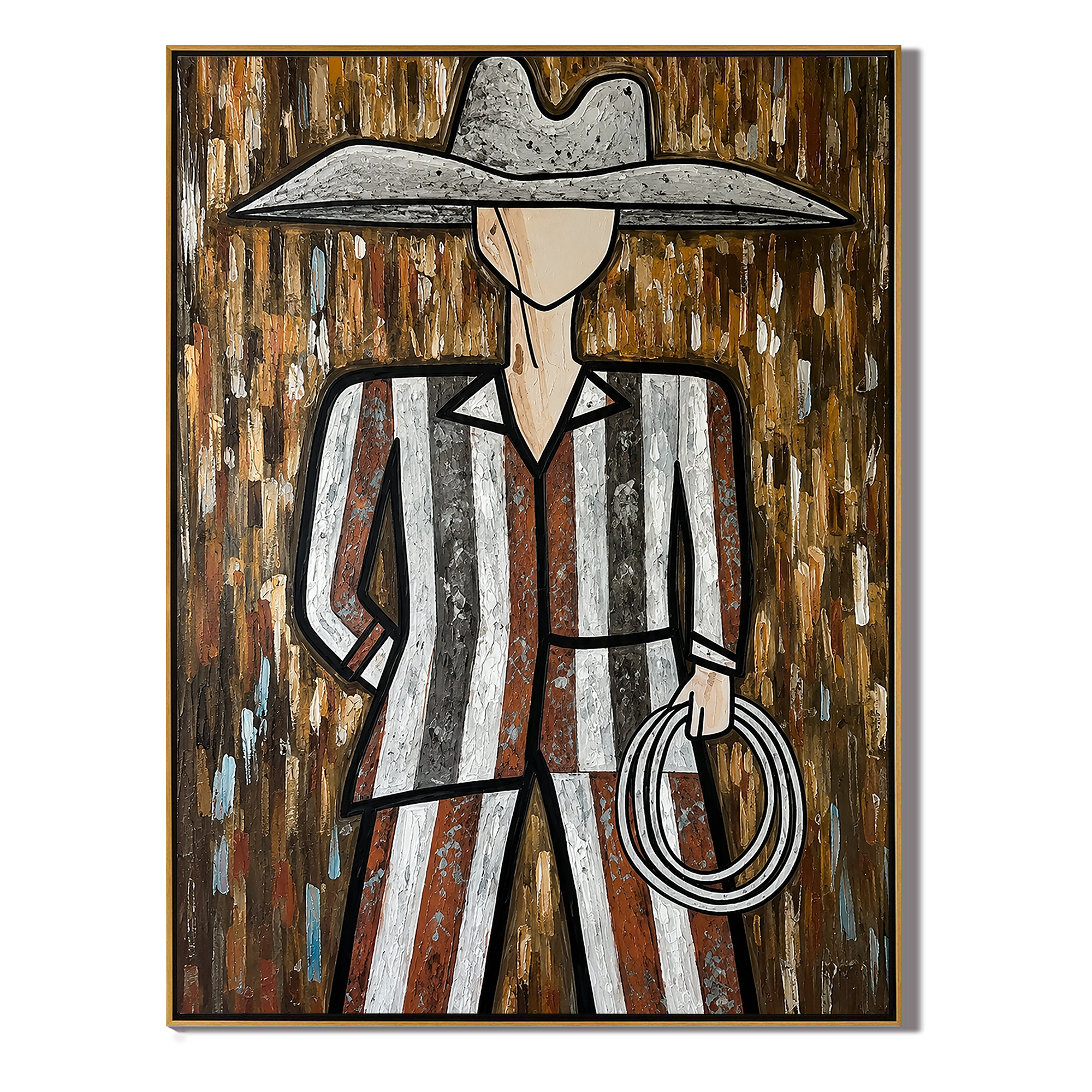 Silver Hat Holds Rope — Striped Lasso Cowboy Painting | Modern Figurative Vertical Wall Art – brown and gray modern figurative vintage americana art, vertical hand-painted canvas art – view 1