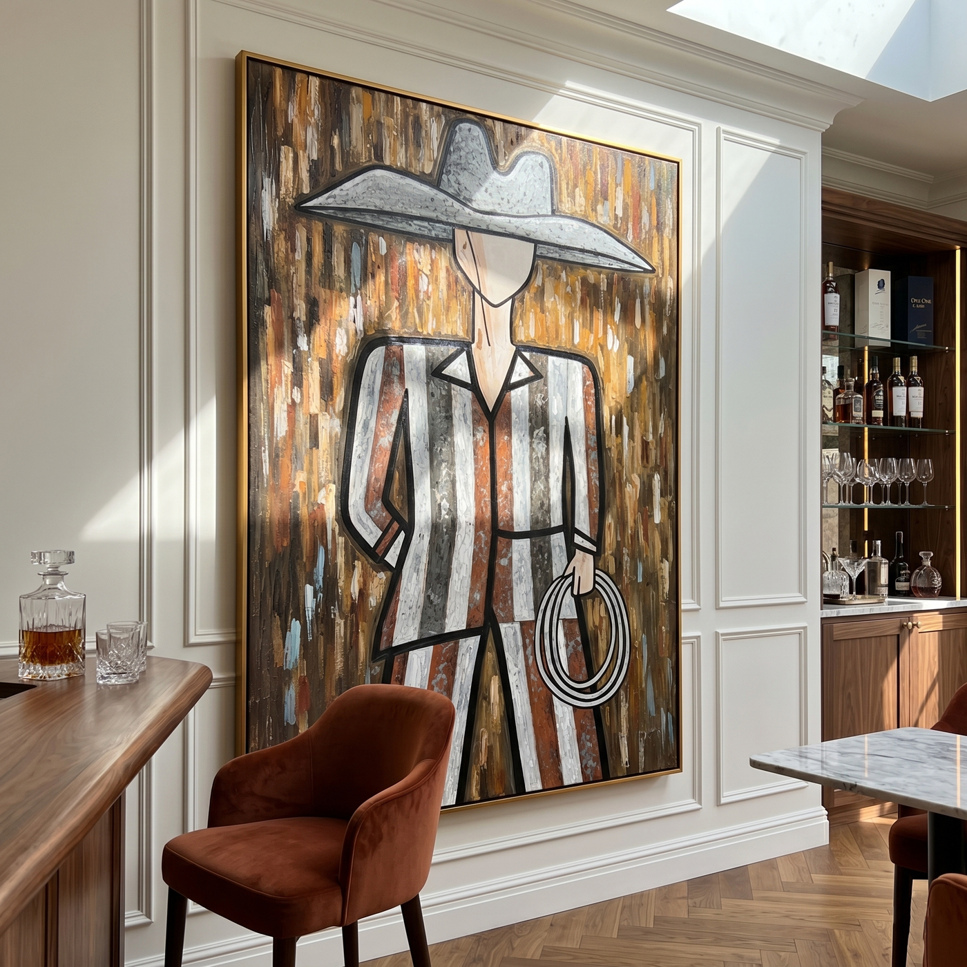 Silver Hat Holds Rope — Striped Lasso Cowboy Painting | Modern Figurative Vertical Wall Art – brown and gray modern figurative vintage americana art, vertical hand-painted canvas art – view 2