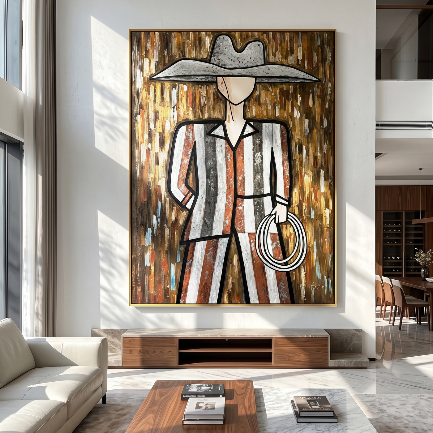 Silver Hat Holds Rope — Striped Lasso Cowboy Painting | Modern Figurative Vertical Wall Art – brown and gray modern figurative vintage americana art, vertical hand-painted canvas art – view 3