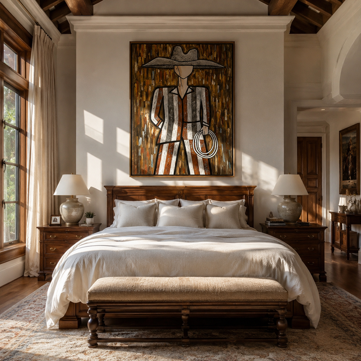 Silver Hat Holds Rope — Striped Lasso Cowboy Painting | Modern Figurative Vertical Wall Art – brown and gray modern figurative vintage americana art, vertical hand-painted canvas art – view 4