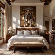 Silver Hat Holds Rope — Striped Lasso Cowboy Painting | Modern Figurative Vertical Wall Art – brown and gray modern figurative vintage americana art, vertical hand-painted canvas art – view 4