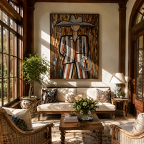 Silver Hat Holds Rope — Striped Lasso Cowboy Painting | Modern Figurative Vertical Wall Art – brown and gray modern figurative vintage americana art, vertical hand-painted canvas art – view 5