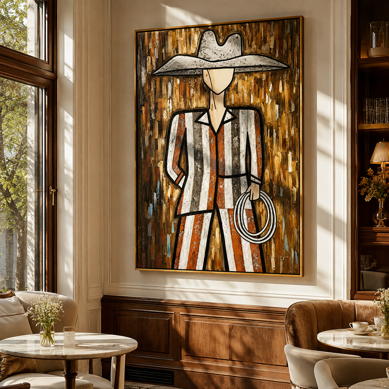 Silver Hat Holds Rope — Striped Lasso Cowboy Painting | Modern Figurative Vertical Wall Art – brown and gray modern figurative vintage americana art, vertical hand-painted canvas art – view 6