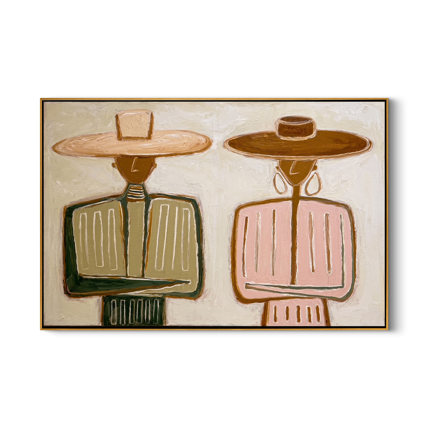 Pink Stands Beside Olive — Olive Pink Western Pair Painting | Modern Figurative Horizontal Wall Art – brown and white modern figurative vintage americana art, horizontal hand-painted canvas art – view 1