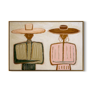 Pink Stands Beside Olive — Olive Pink Western Pair Painting | Modern Figurative Horizontal Wall Art – brown and white modern figurative vintage americana art, horizontal hand-painted canvas art – view 1
