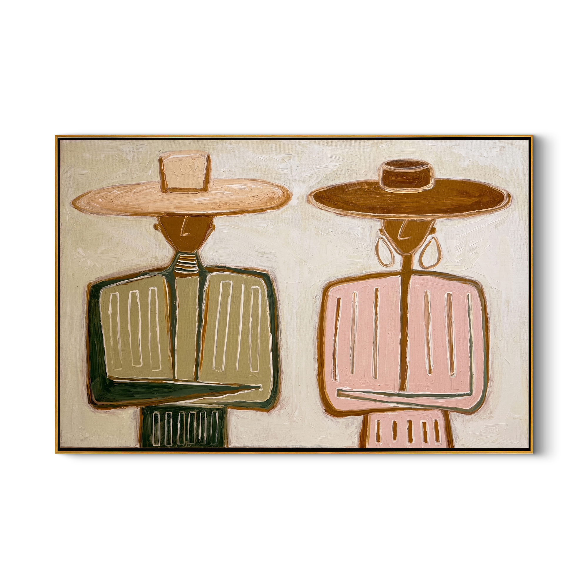 Pink Stands Beside Olive — Olive Pink Western Pair Painting | Modern Figurative Horizontal Wall Art – brown and white modern figurative vintage americana art, horizontal hand-painted canvas art – view 1