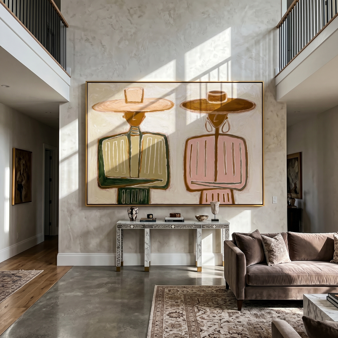 Pink Stands Beside Olive — Olive Pink Western Pair Painting | Modern Figurative Horizontal Wall Art – brown and white modern figurative vintage americana art, horizontal hand-painted canvas art – view 3