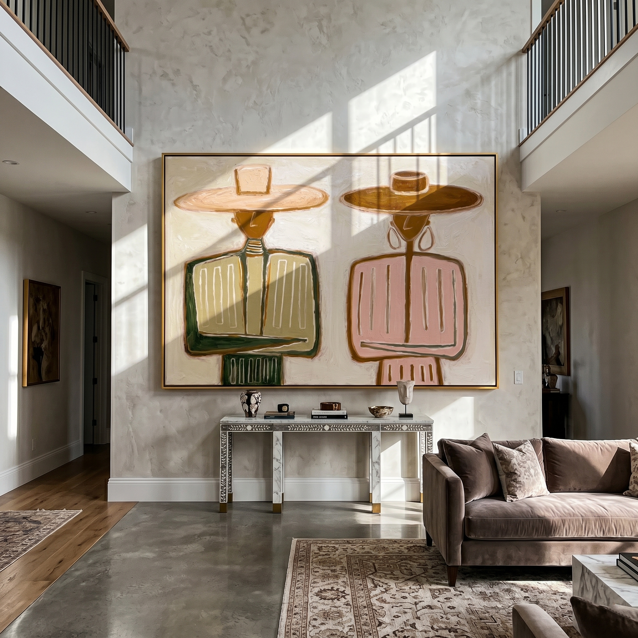 Pink Stands Beside Olive — Olive Pink Western Pair Painting | Modern Figurative Horizontal Wall Art – brown and white modern figurative vintage americana art, horizontal hand-painted canvas art – view 3