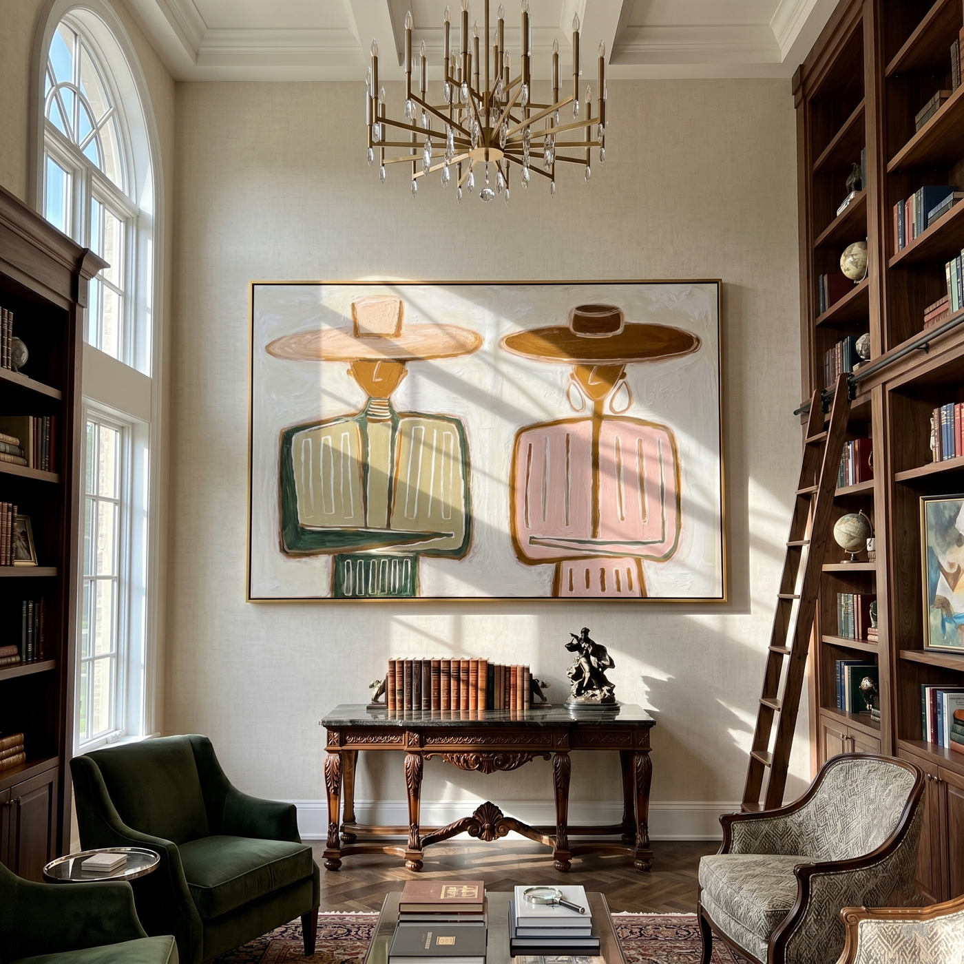 Pink Stands Beside Olive — Olive Pink Western Pair Painting | Modern Figurative Horizontal Wall Art – brown and white modern figurative vintage americana art, horizontal hand-painted canvas art – view 4